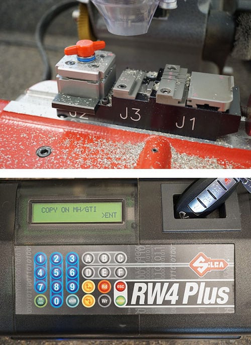 image of a laser key cutter (top), and a car key remote being programmed (bottom).