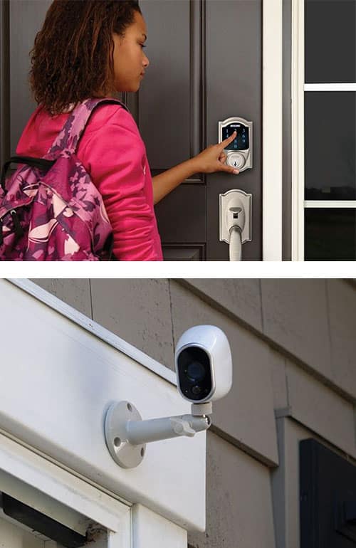 image of a young woman using a Smart Lock on her home's front door (top) and a wireless security camera mounted on a residential wall (bottom).