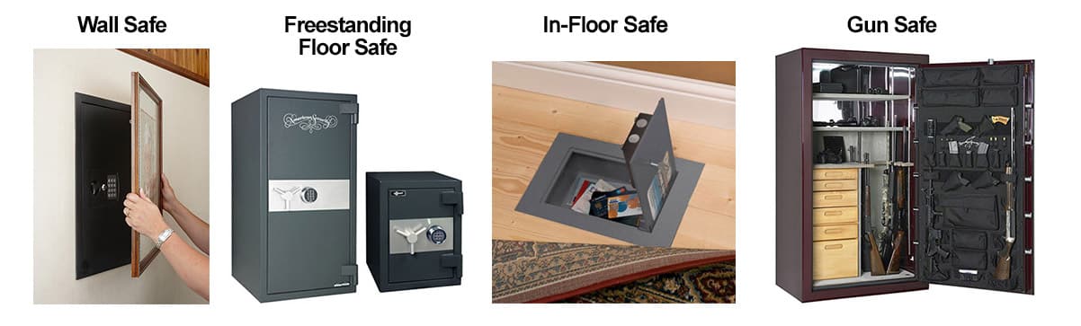 image of 4 types of safes: wall, freestanding floor safes, in-floor safe, and gun safes